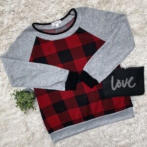 Hailey & Co Buffalo Plaid Mixed Media Top 💗 Red Black & Gray